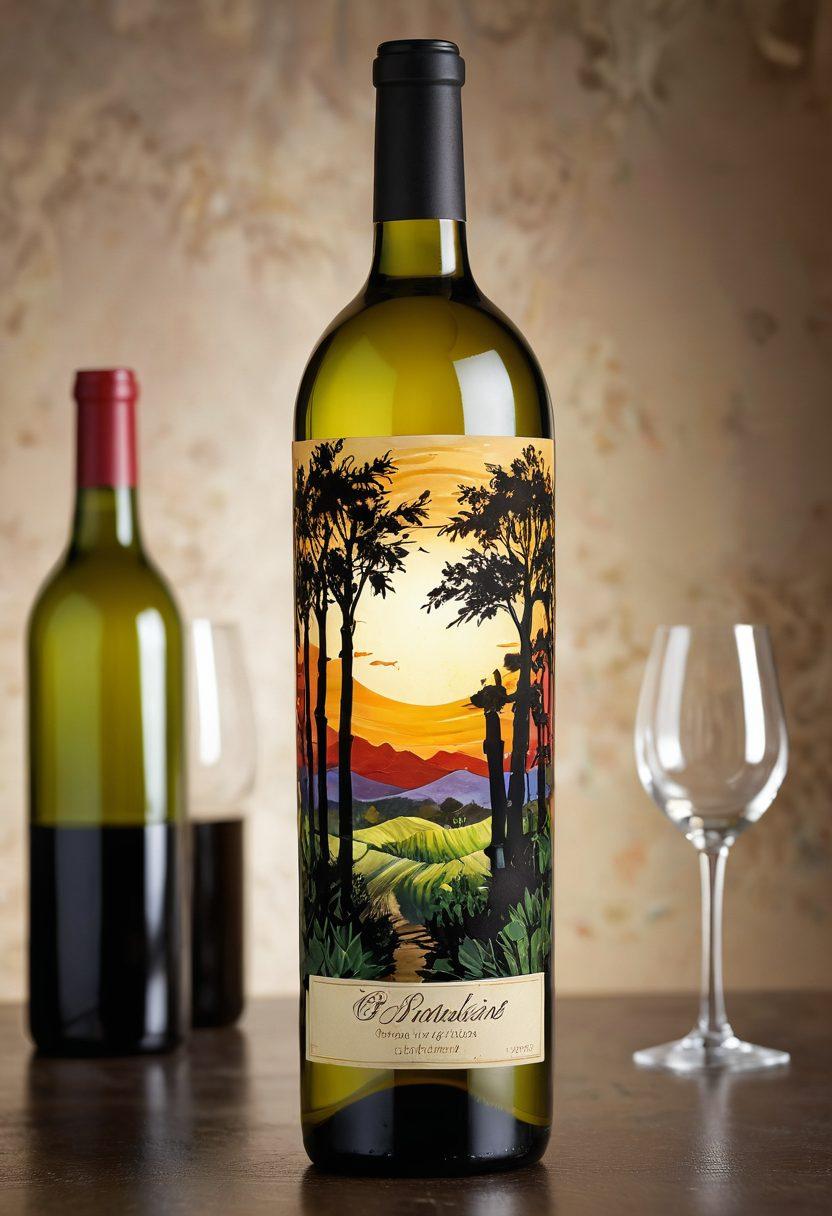 An elegant wine bottle adorned with intricate, artistic designs showcasing sustainability, surrounded by lush vineyards and eco-friendly elements like bamboo and recycled materials. Soft, warm lighting enhances the natural beauty of the setting, while a splash of vibrant colors reflects the creativity in wine-making. Infuse a modern touch with subtle hints of artistry in the background. super-realistic. vibrant colors. nature-inspired.