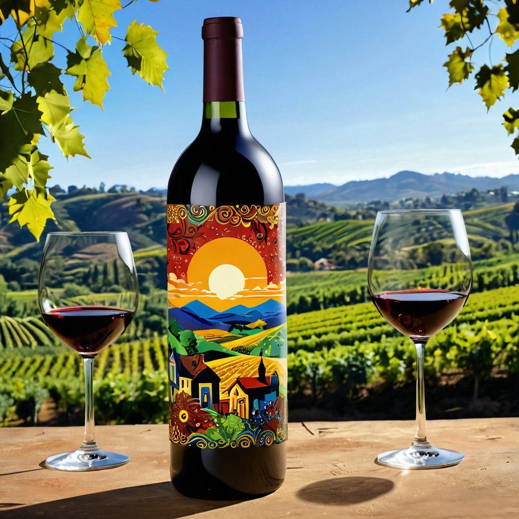 A beautifully crafted wine bottle made of recycled materials, adorned with intricate eco-art designs reflecting various cultures. The background features lush vineyards under a bright, sunny sky, symbolizing organic wine production. Include silhouettes of artisans at work, blending tradition and eco-friendliness. The scene embodies the fusion of heritage and modern sustainable practices. vibrant colors. realistic style.
