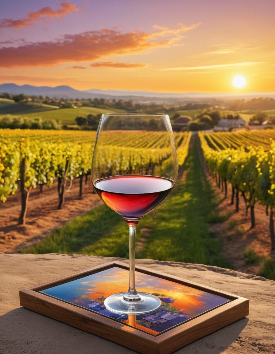 A picturesque vineyard at sunset showcasing eco-friendly wine production, with solar panels and lush grapevines intertwined. An artist's palette filled with natural colors of earth tones, reflecting in a glass of organic wine held by a person with a thoughtful expression. The scene is vibrant and inviting, symbolizing harmony between art and sustainability. super-realistic. vibrant colors. 3D.